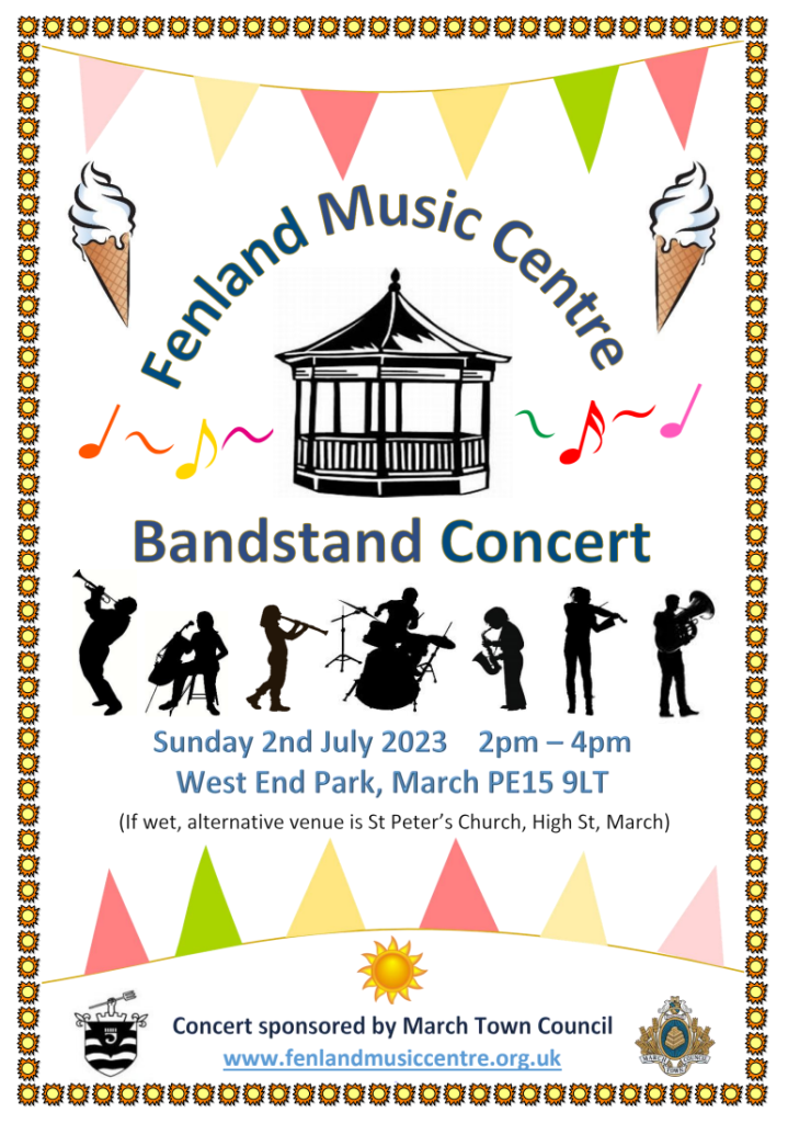 FMCA presents Bandstand Concert. West End Park, March, PE15 9LT. Sunday 2nd July at 2pm-4pm. (If wet, alternative venue is St Peter's Church, High Street, March.)